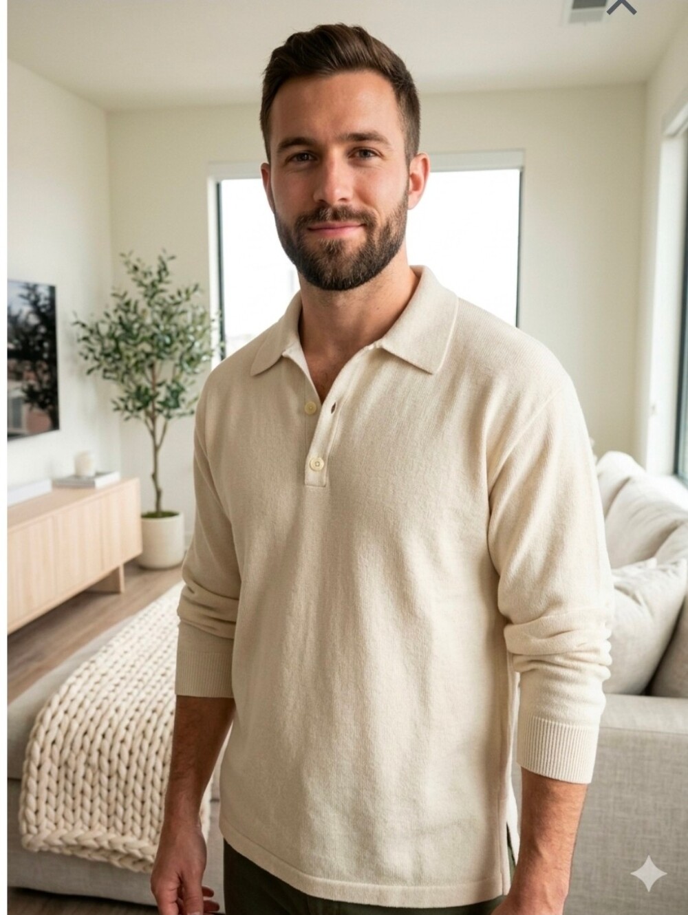 Vintage J.Crew Men's M 100% Cotton Long Sleeve Polo Sweater Cream Ivory